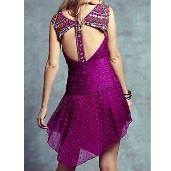 NWT Free People Jeweled Chevron Mini Dress Fuchsia Pink Beaded Swiss Dot 4 Flaw - Picture 3 of 16